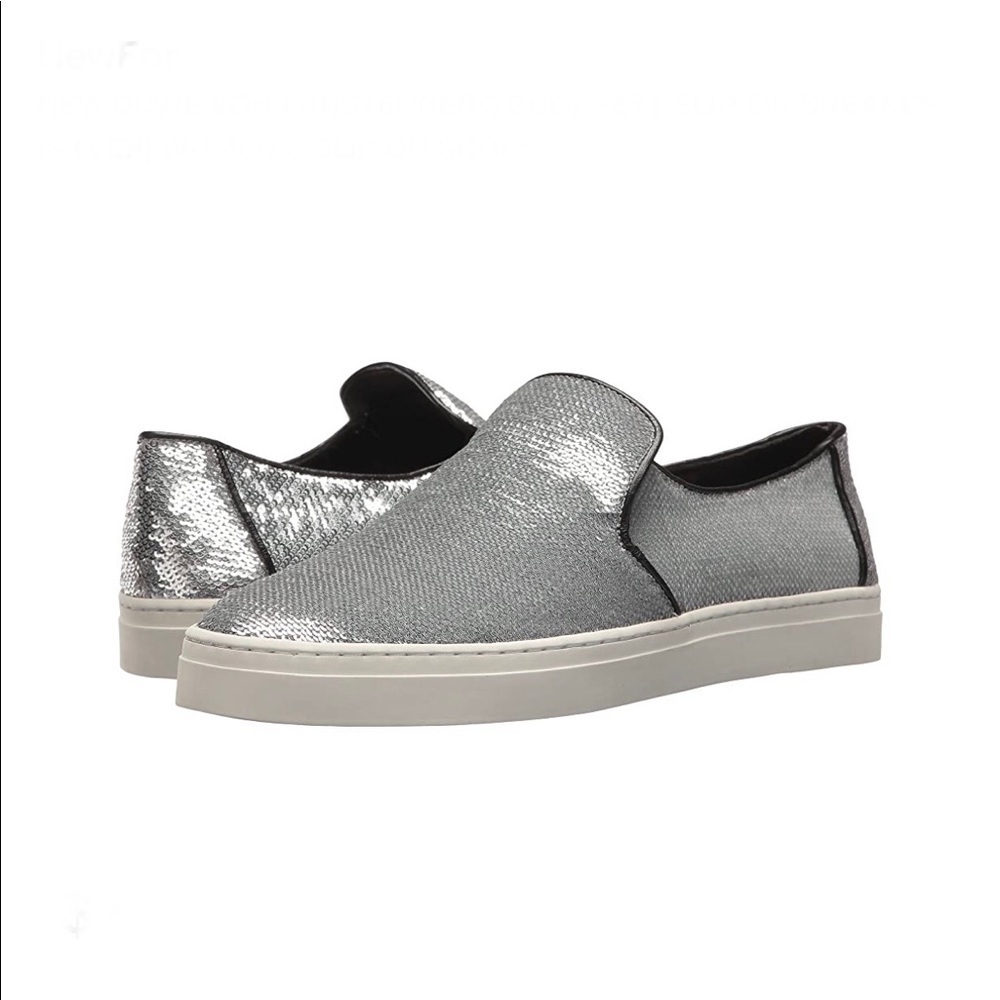 EUC Diane Von Furstenberg Budapest Slip-On Sneaker Silver Sequin Designer Shoes